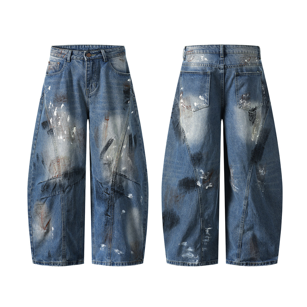 Distressed Paint Splatter Barrel-Leg Jeans