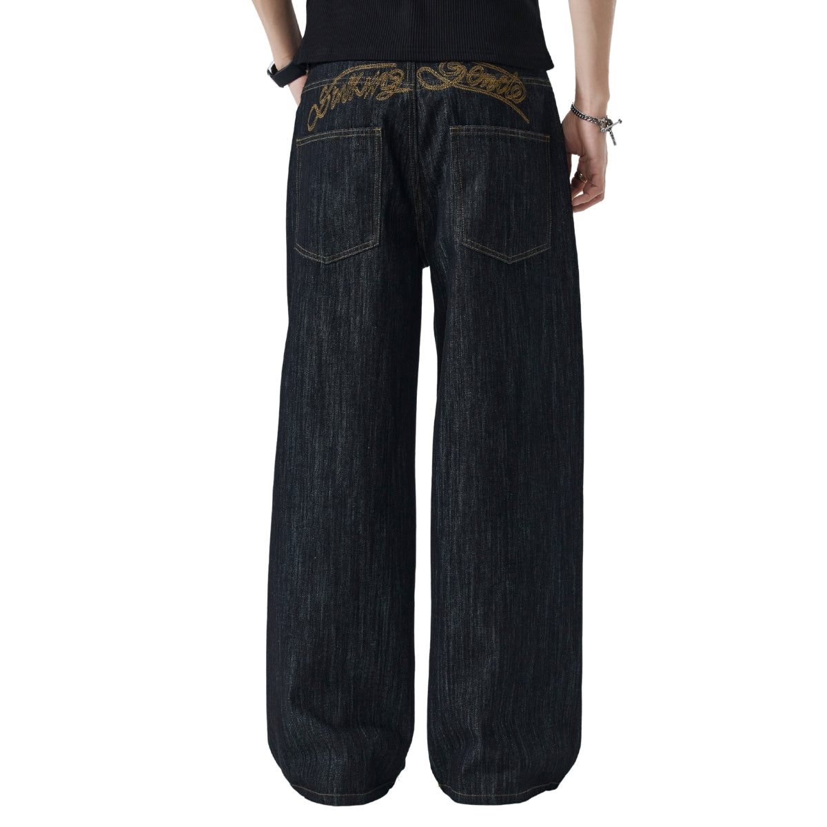Embroidered Black Washed Baggy Jeans