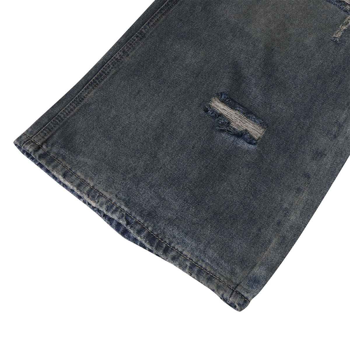 High Street Vintage Washed Raw Denim Wide Leg Ripped Patchwork Jeans
