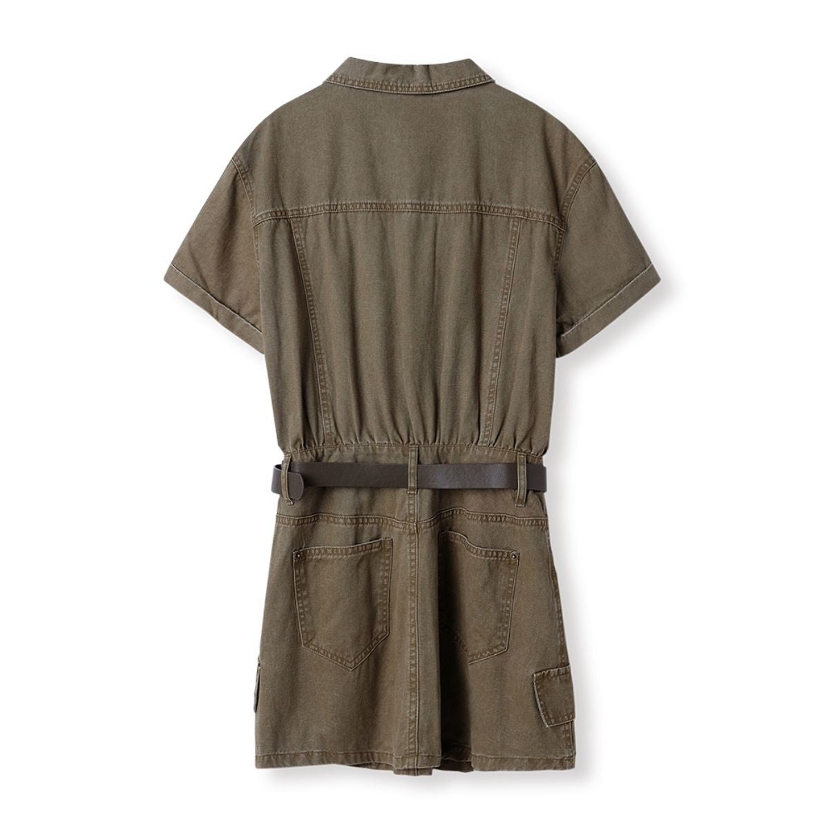 Short-Sleeve Belted Denim Mini Dress