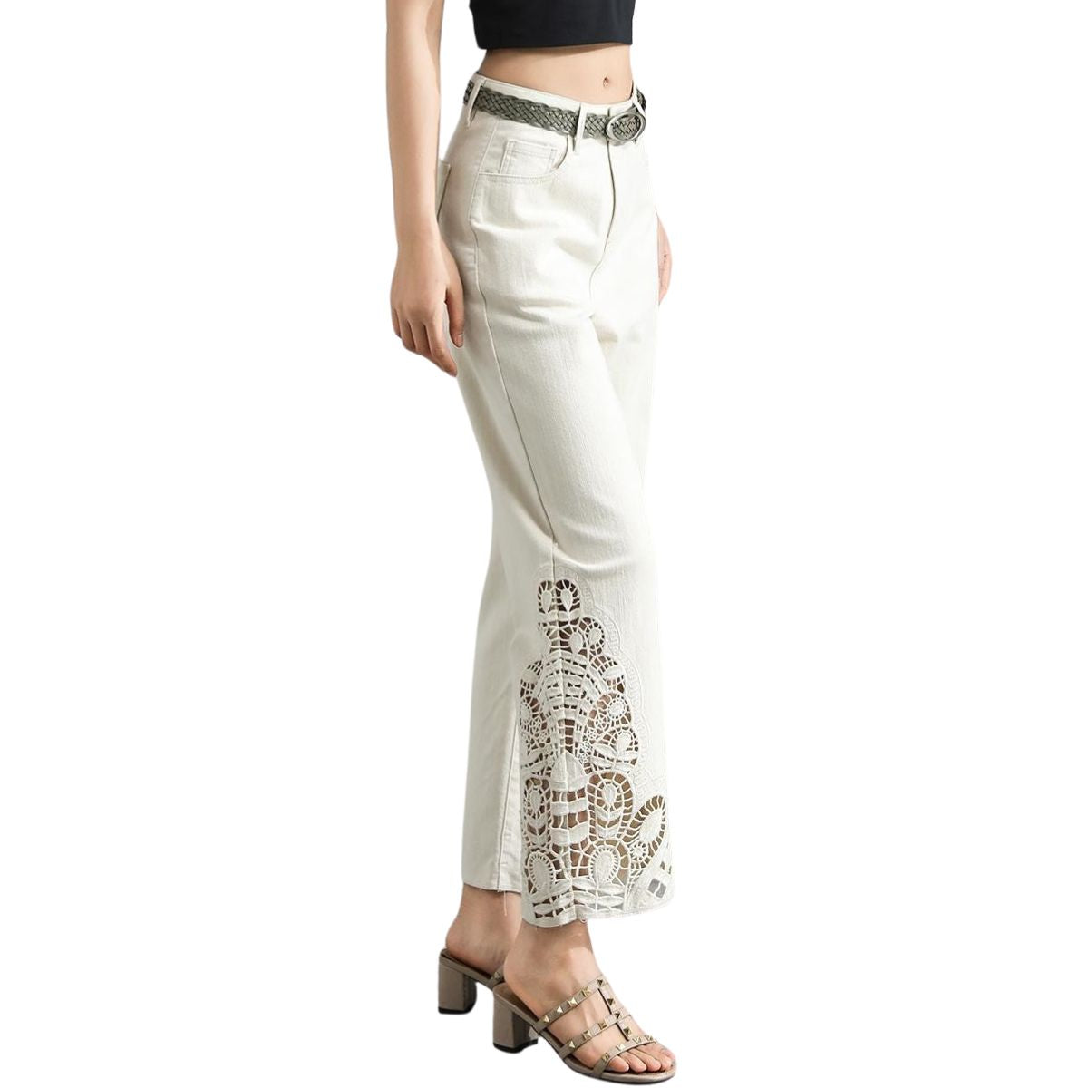 Wide Leg Embroidered Cut-Out Ankle Jeans
