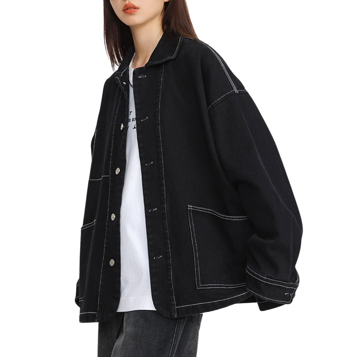 Loose Fit Denim Button-Front Jacket