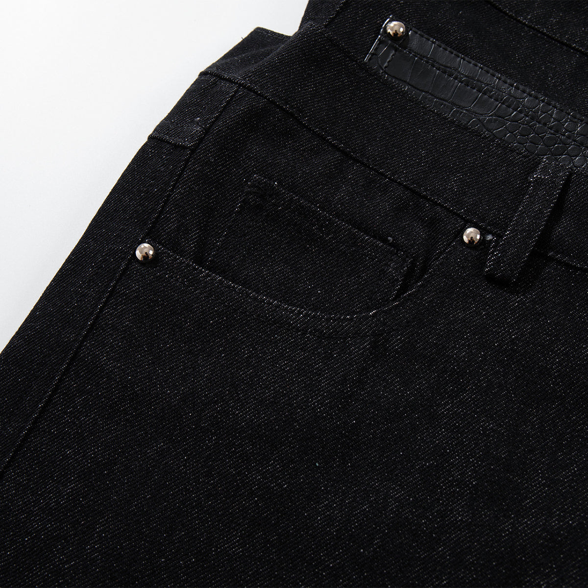 Faux Leather Accent High Waisted Wide Leg Denim Trousers