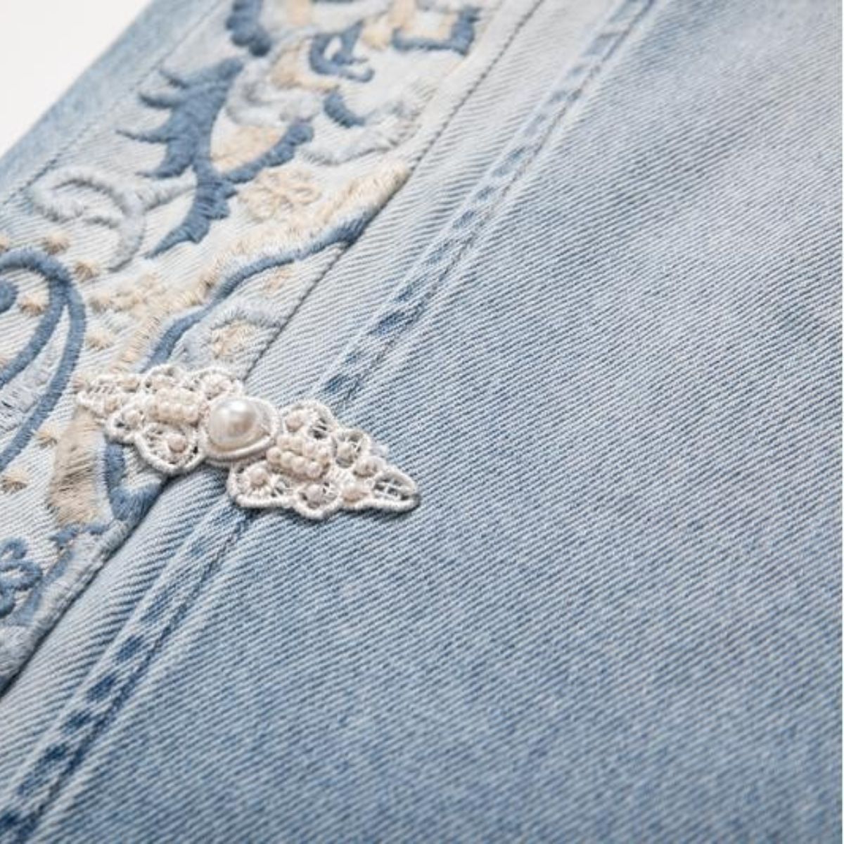 Raw Hem Embroidered Pearl-Frog Closures Jeans