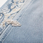 Raw Hem Embroidered Pearl-Frog Closures Jeans