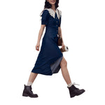 Butterfly Collar Puff Sleeve Denim Midi Dress