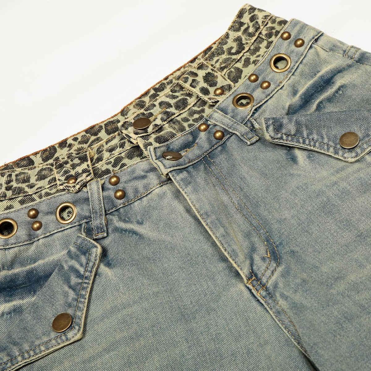 Wide Leg Denim Pants Leopard Print Waistband Stud Accents