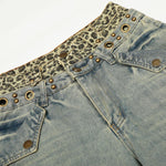 Wide Leg Denim Pants Leopard Print Waistband Stud Accents