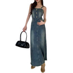 Lace-Up Back Denim Cami Midi Dress