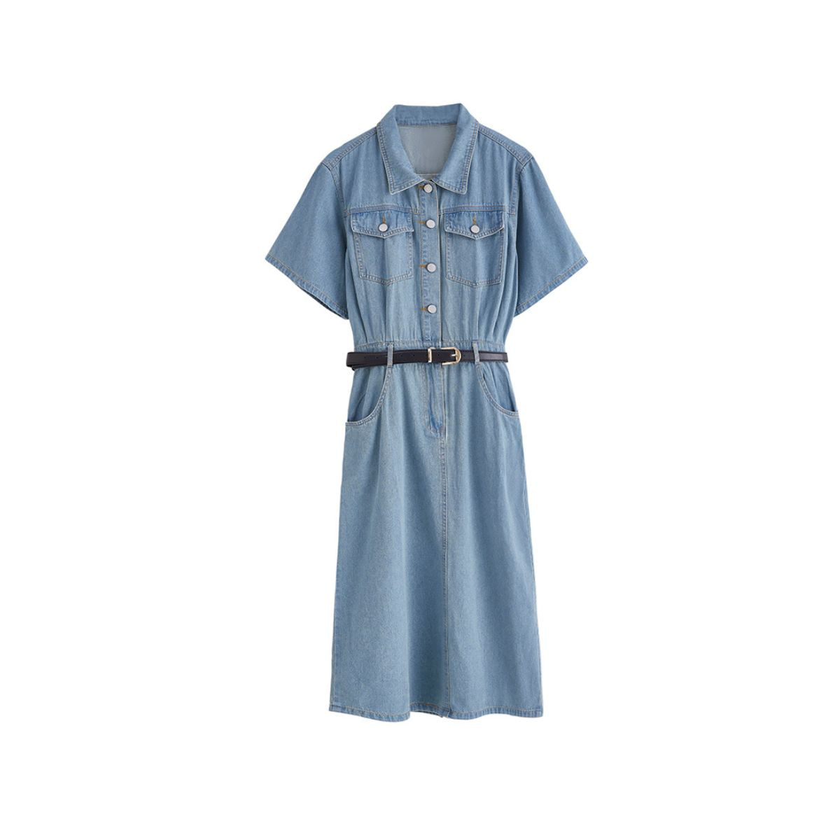 Short Sleeve Belted Midi Denim Shirtdress