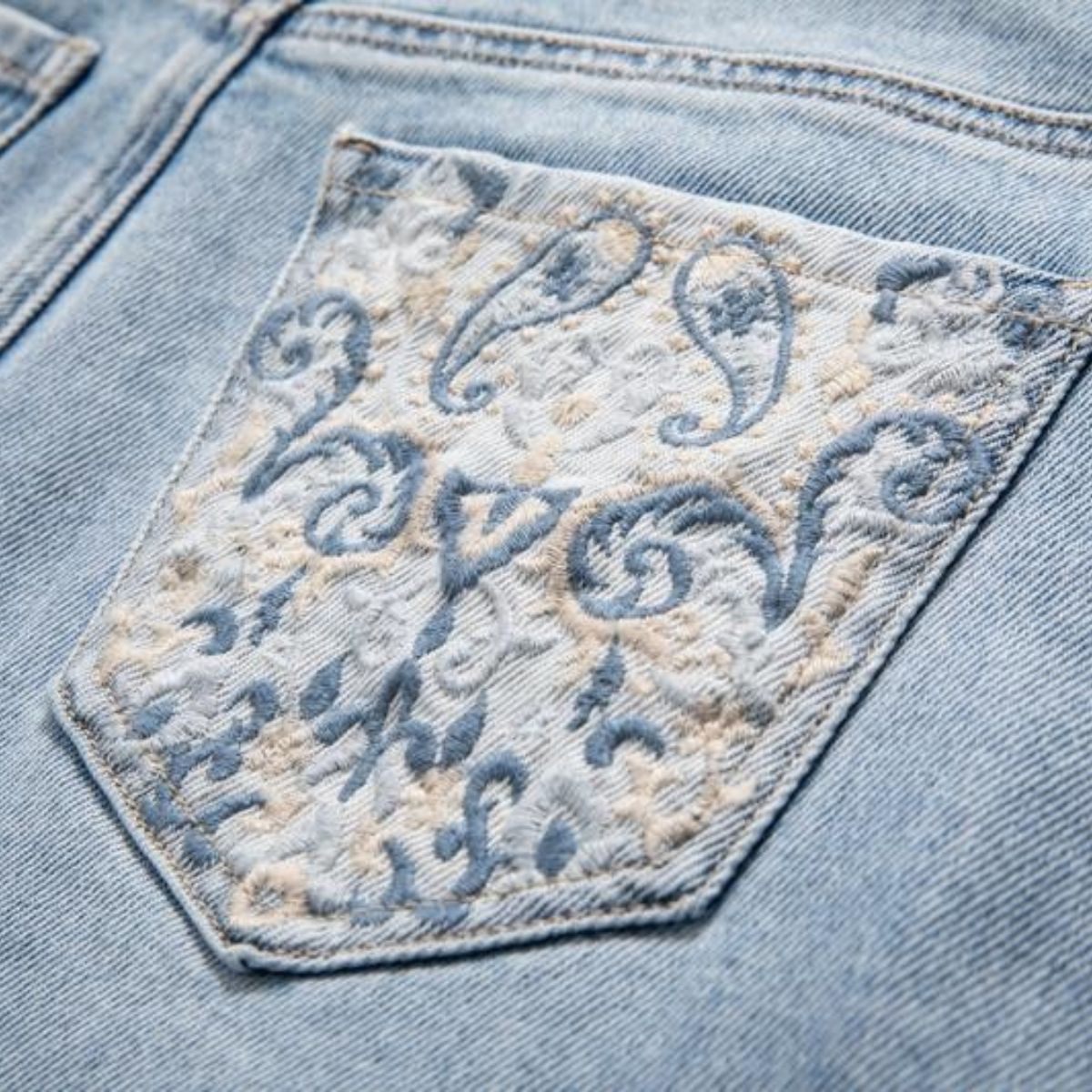 Raw Hem Embroidered Pearl-Frog Closures Jeans
