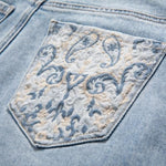 Raw Hem Embroidered Pearl-Frog Closures Jeans