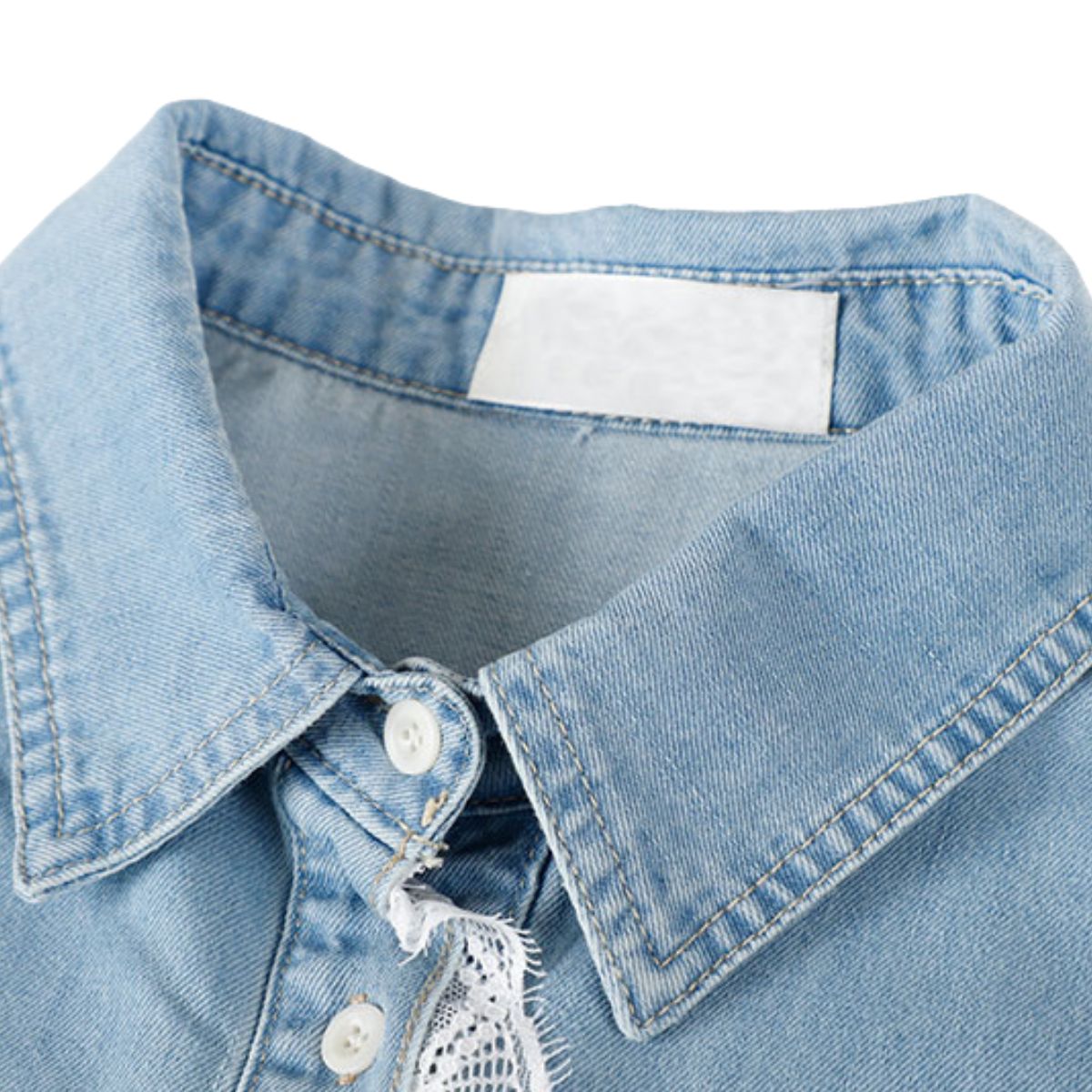 Button-Front Lace Trim Denim Shirt