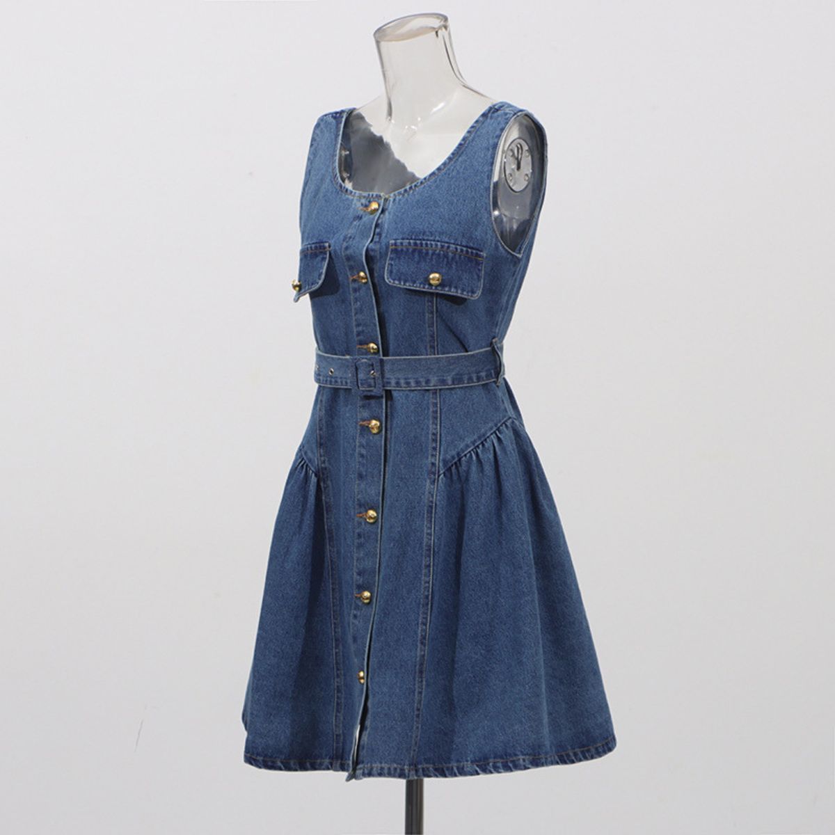 Belted Flared Denim Mini Dress