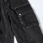 Black Zipper Detail Techwear Utility Denim Cargo Pants