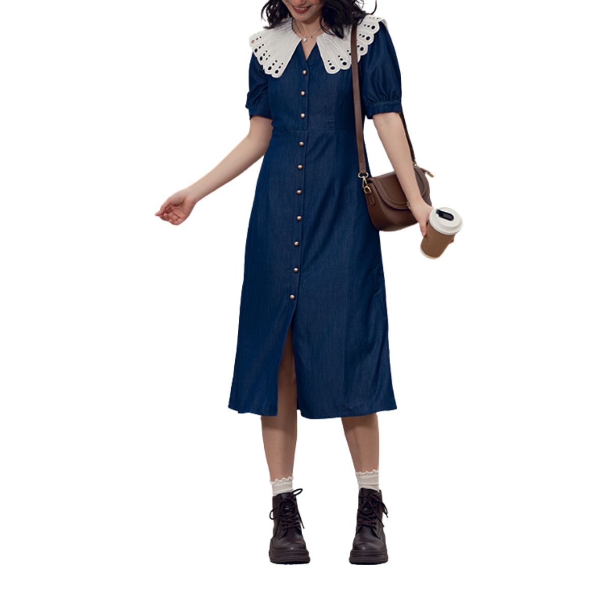 Butterfly Collar Puff Sleeve Denim Midi Dress