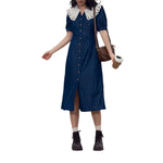 Butterfly Collar Puff Sleeve Denim Midi Dress