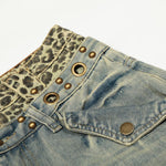 Wide Leg Denim Pants Leopard Print Waistband Stud Accents