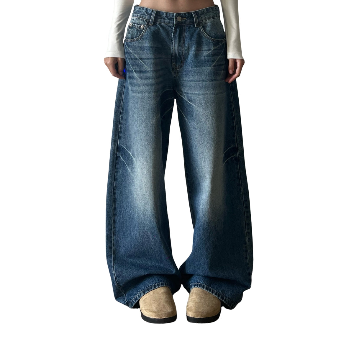 Faded Crackle Wash Baggy Curved Leg Denim Jeans
