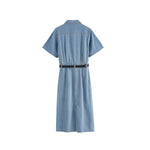 Short Sleeve Belted Midi Denim Shirtdress