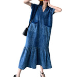 Jacquard Oversized Short-Sleeve Denim Mididress