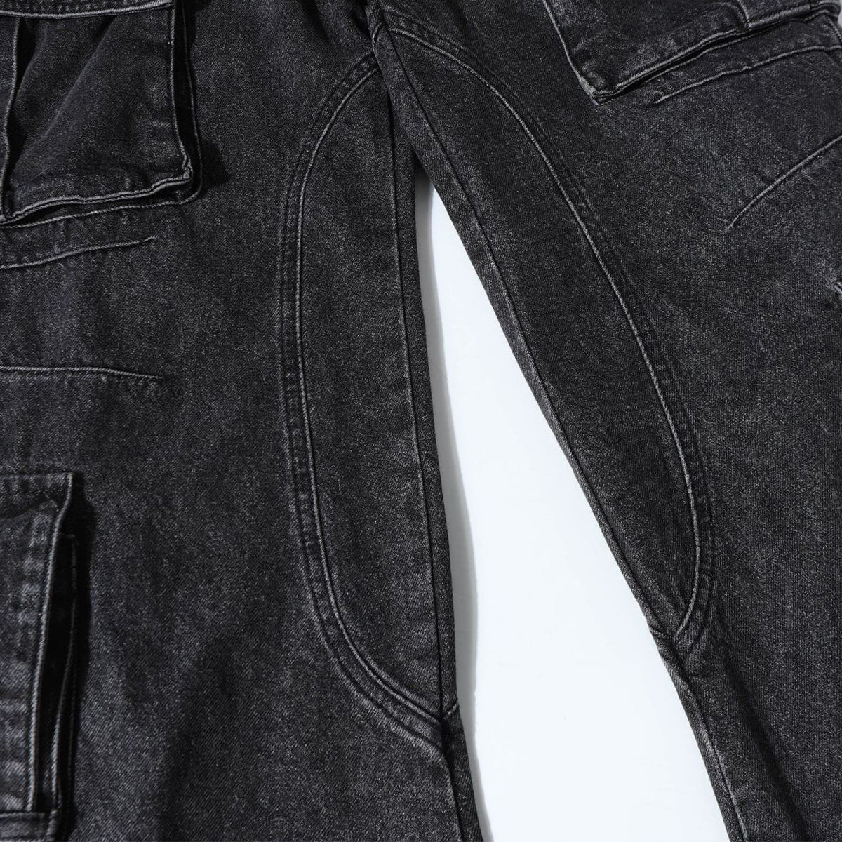 Black Zipper Detail Techwear Utility Denim Cargo Pants