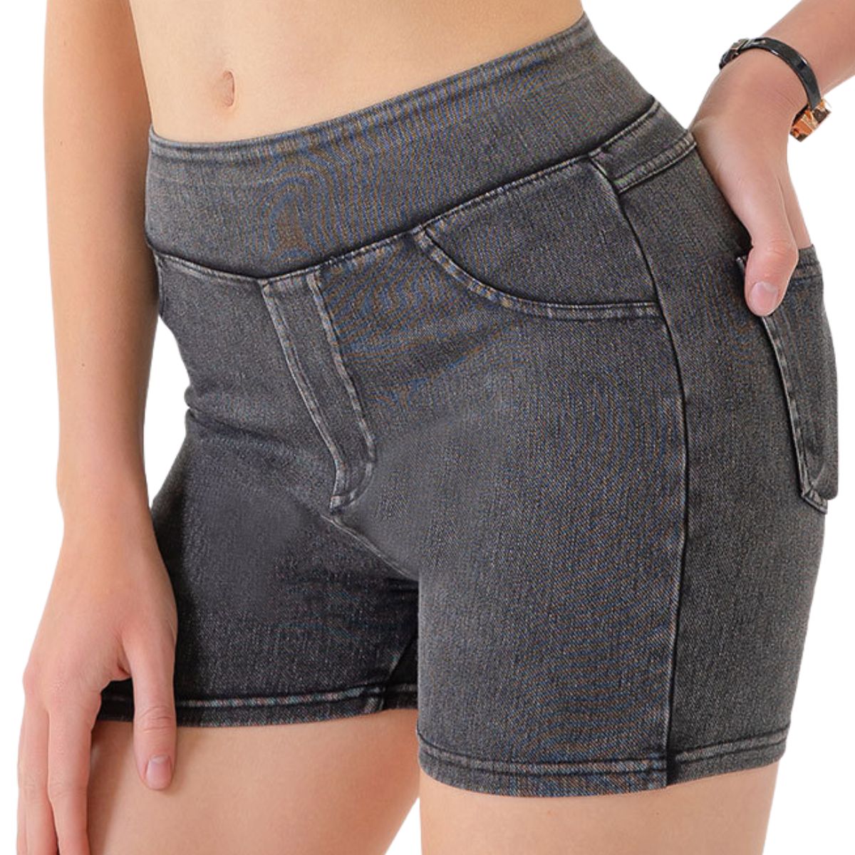 Mid-Waisted Washed Knit Denim Shorts