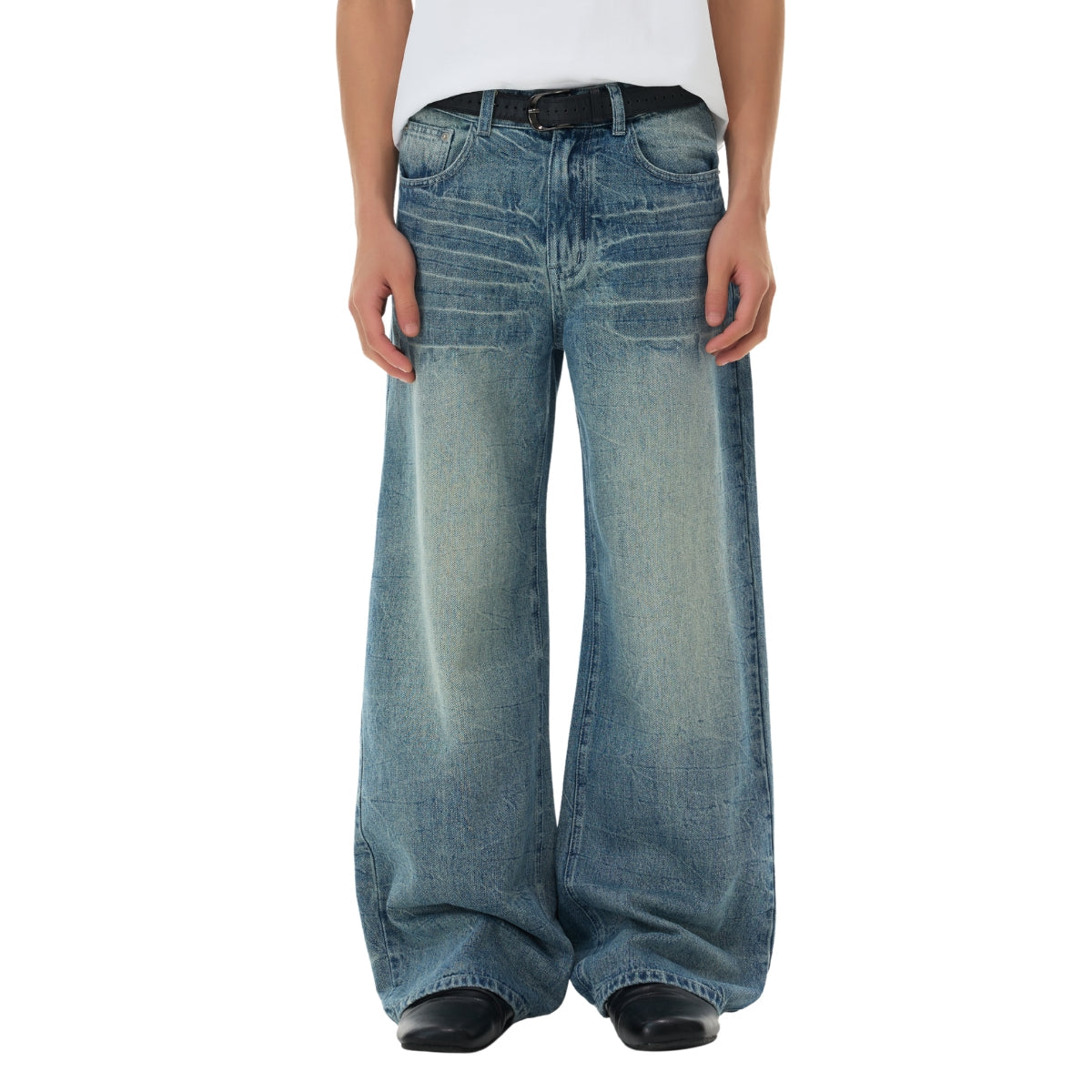 Medium Blue 3D-Whisker Baggy Jeans