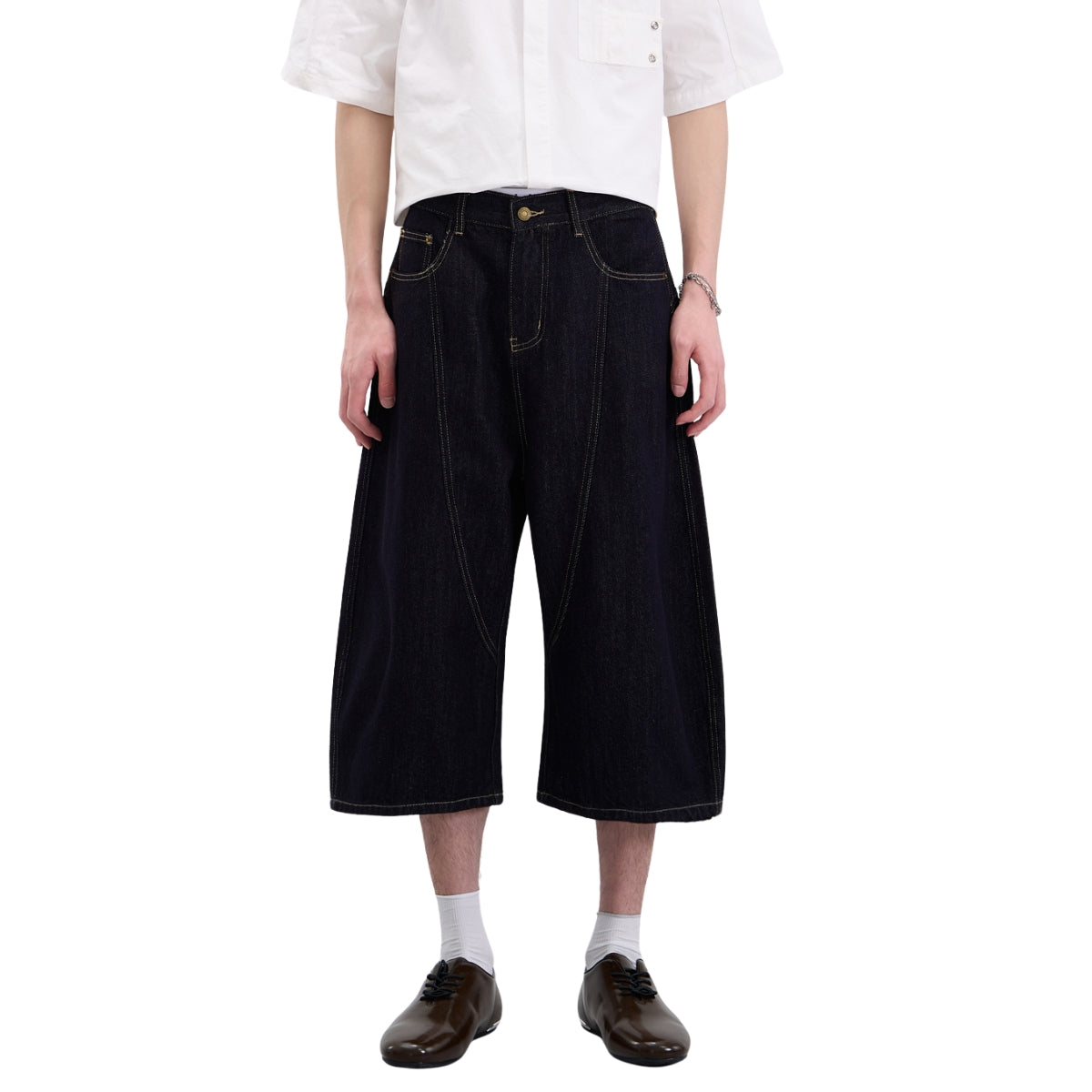Patchwork Wide-Leg Cropped Denim Jeans