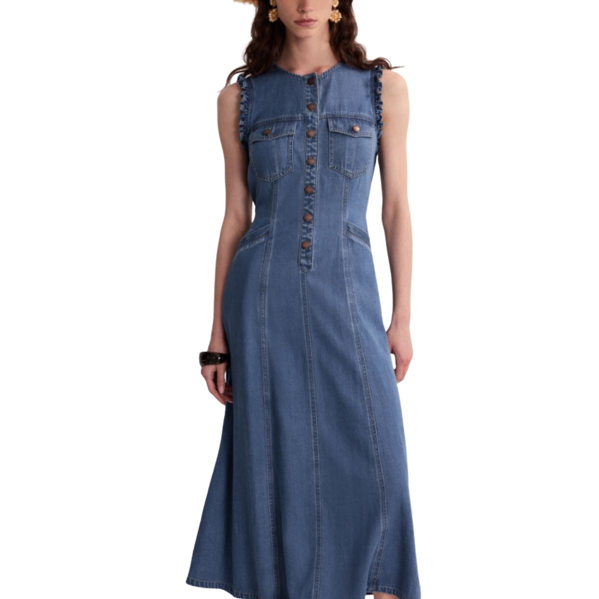 Relaxed Fit Sleeveless Denim Midi Dress