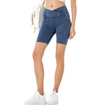Crossover Waist Washed Stretchy Knit Denim Shorts