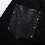 Croc Textured Panels Edgy Black Denim Wide Leg Jeans