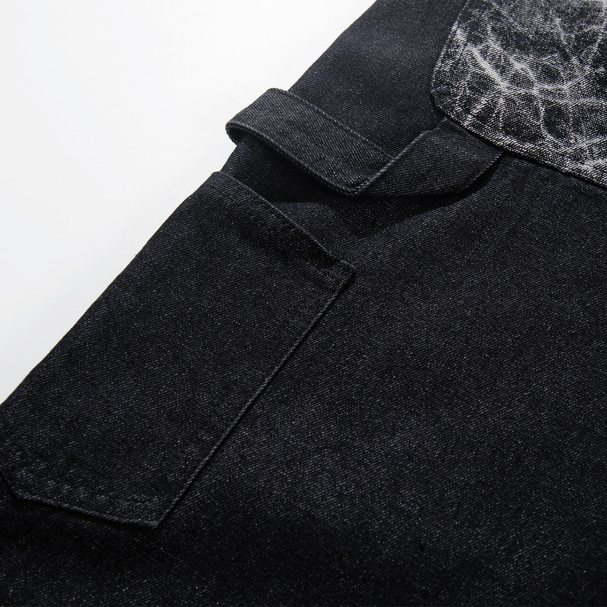 Marble Pattern Panels Black Wide Leg Painter Pants