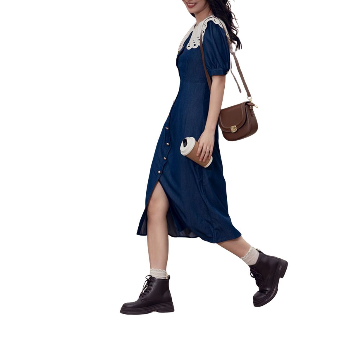 Butterfly Collar Puff Sleeve Denim Midi Dress