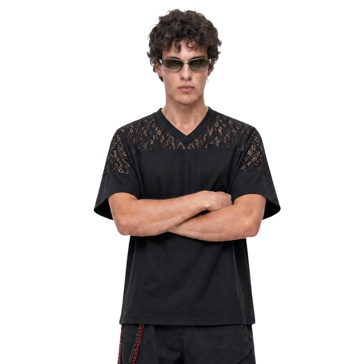 Openwork Lace-Stitching V-Neck Boxy Tee