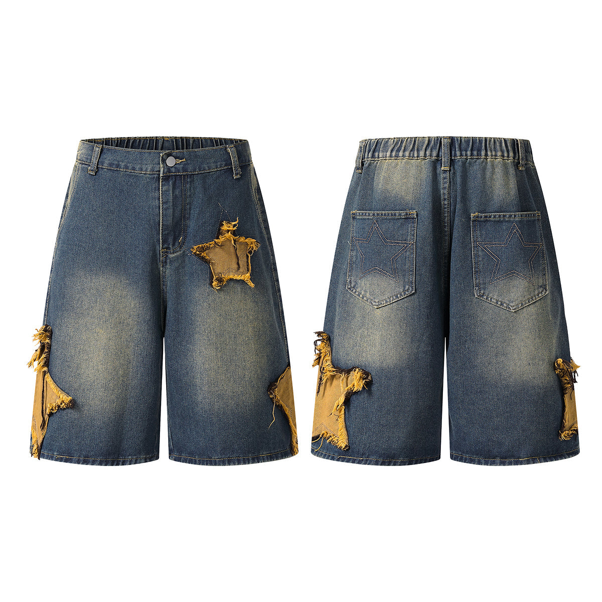 Contrast Raw-Edge Star Applique Bermuda Shorts