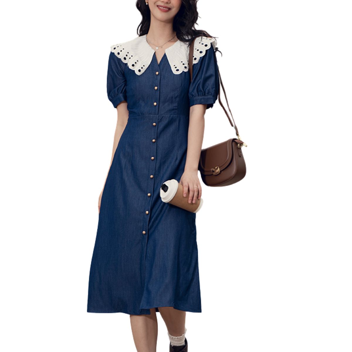 Butterfly Collar Puff Sleeve Denim Midi Dress