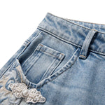 Raw Hem Embroidered Pearl-Frog Closures Jeans