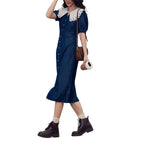 Butterfly Collar Puff Sleeve Denim Midi Dress