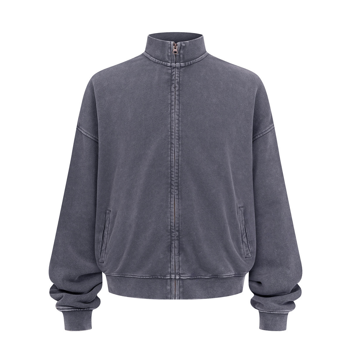 Vintage Zip-Up Ribbed Stand Collar Sweatshirt