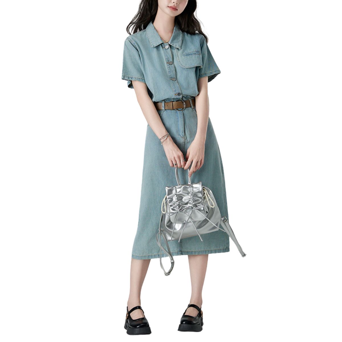 Pleated Short Sleeve Midi Denim Shirtdress