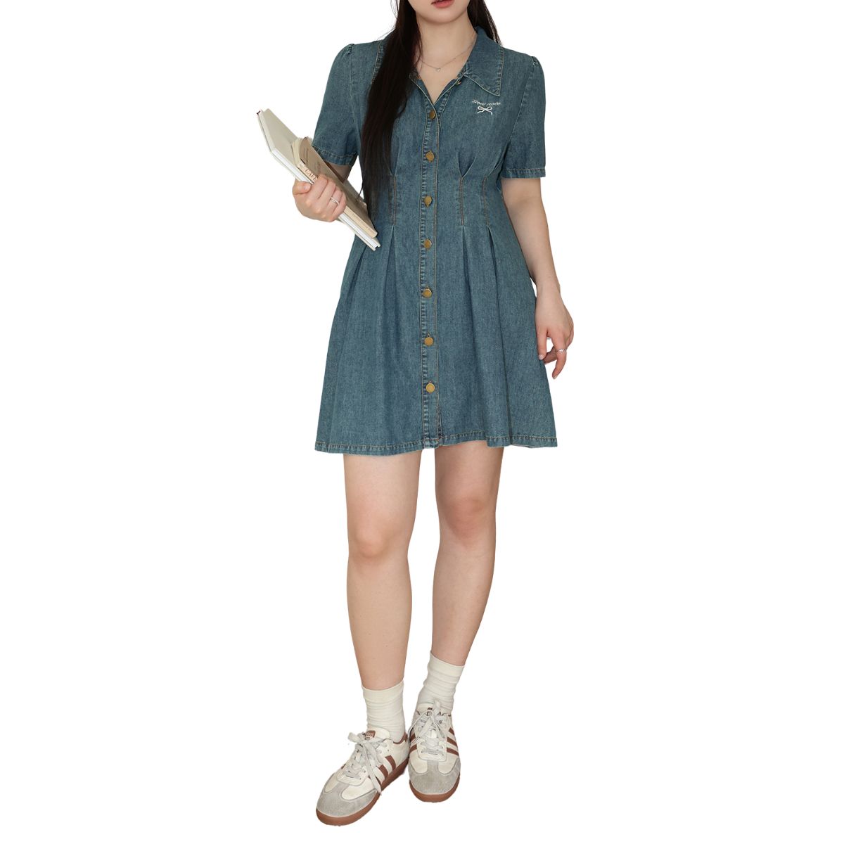 Bow-Embroidered Corset Denim Mini Dress