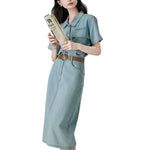 Pleated Short Sleeve Midi Denim Shirtdress