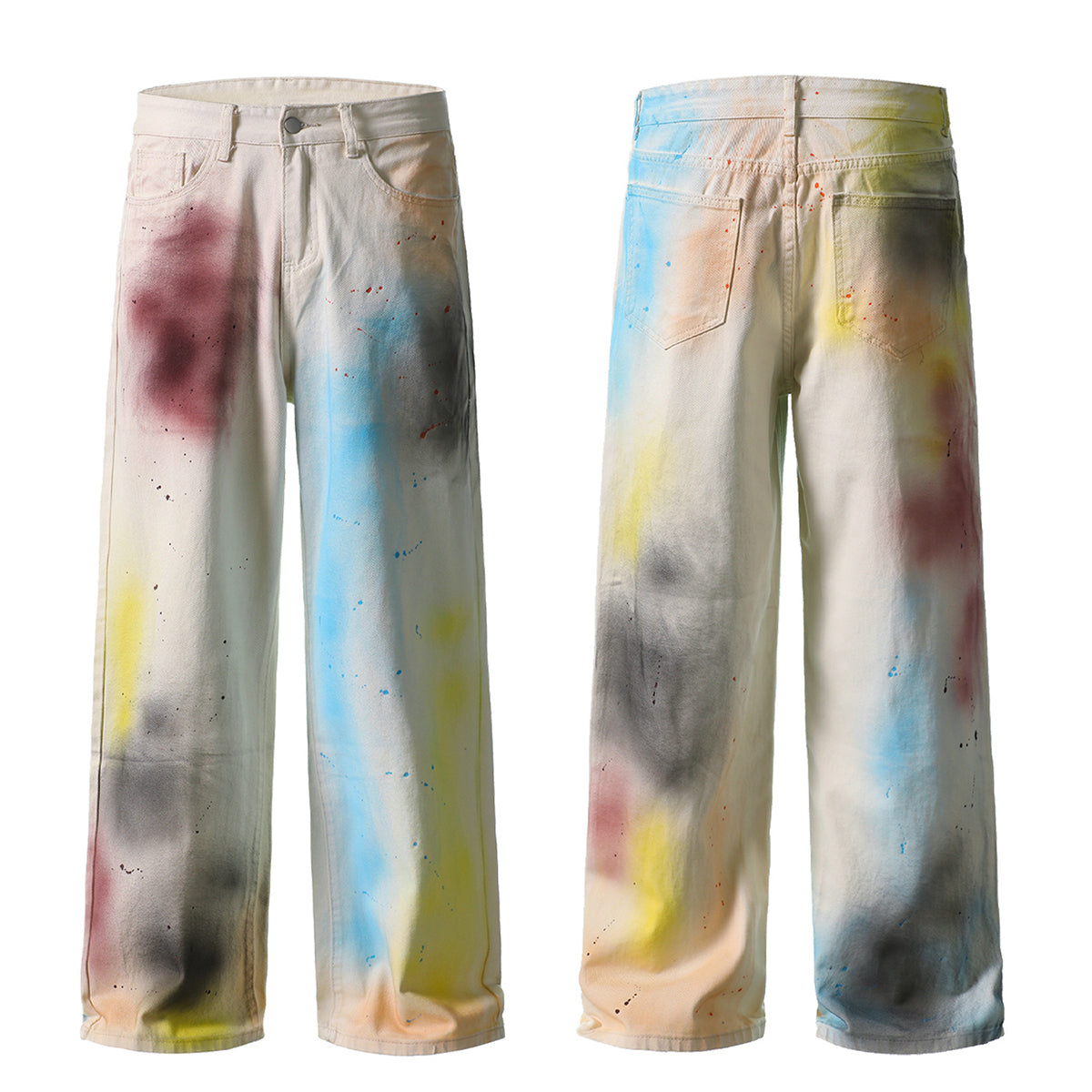 Artistic Paint-Splatter Wide-Leg Jeans