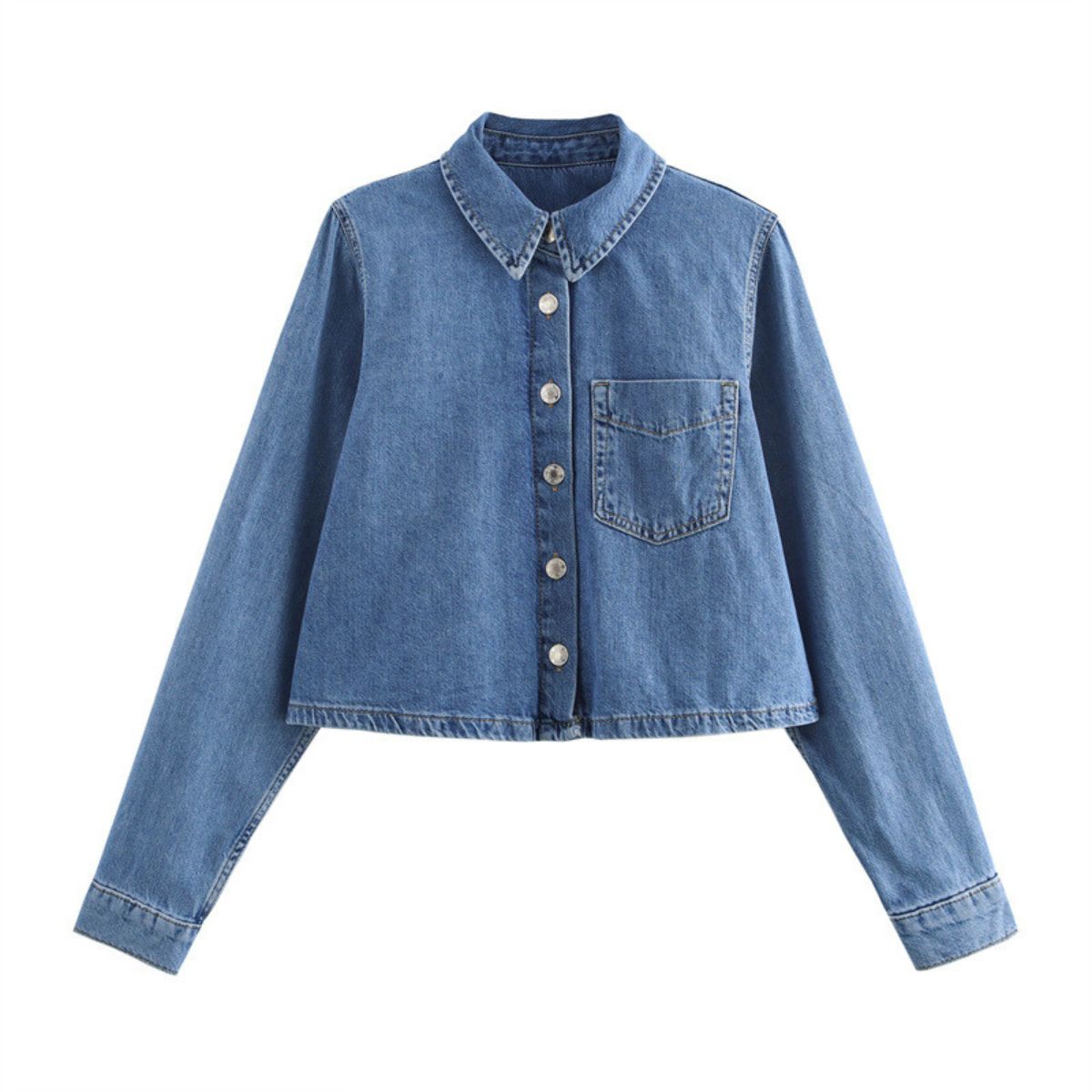 Button-Front Cropped Denim Shacket