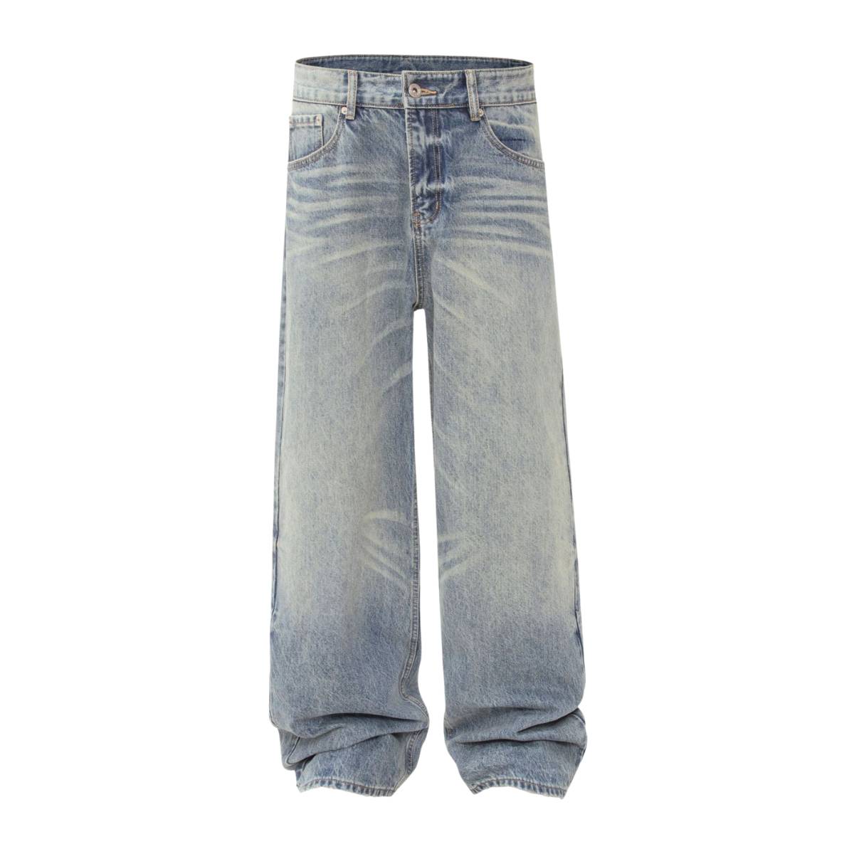 Vintage Washed Distressed Wide Leg Straight Jeans
