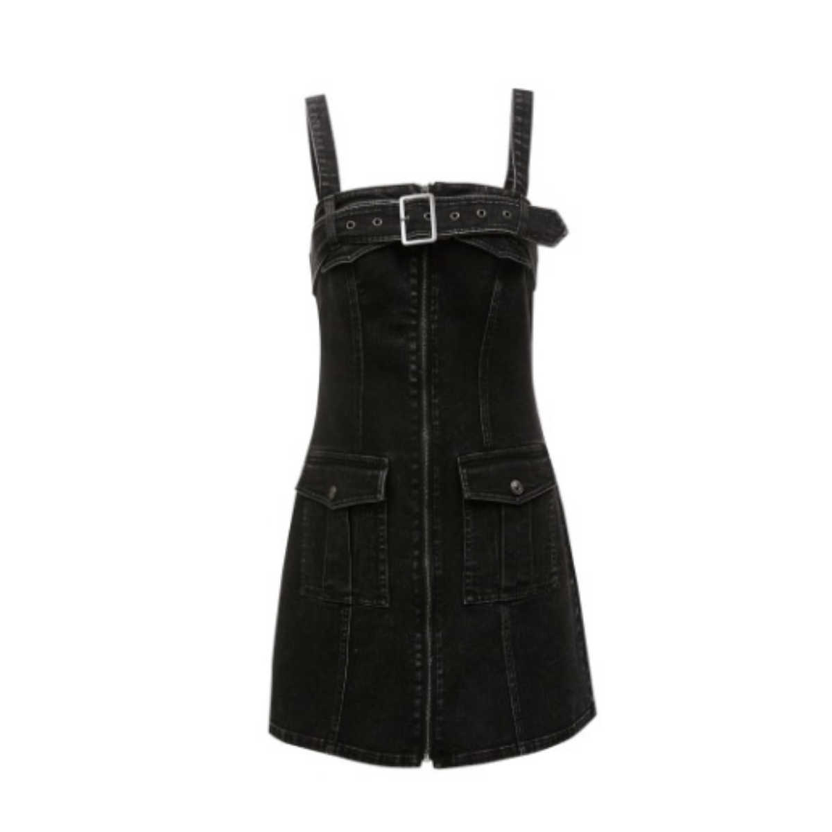 Zip-Front Belted Denim Mini Dress