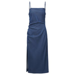 Spaghetti Strap Ruched Midi Denim Dress