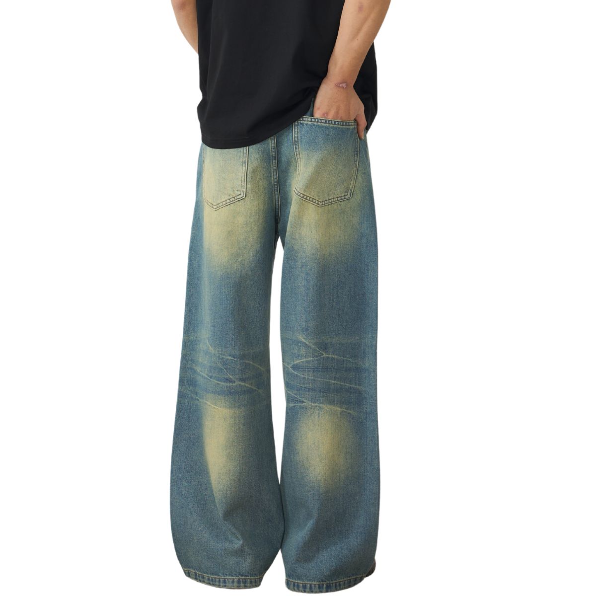 Vintage Washed Pleated Knee Jeans