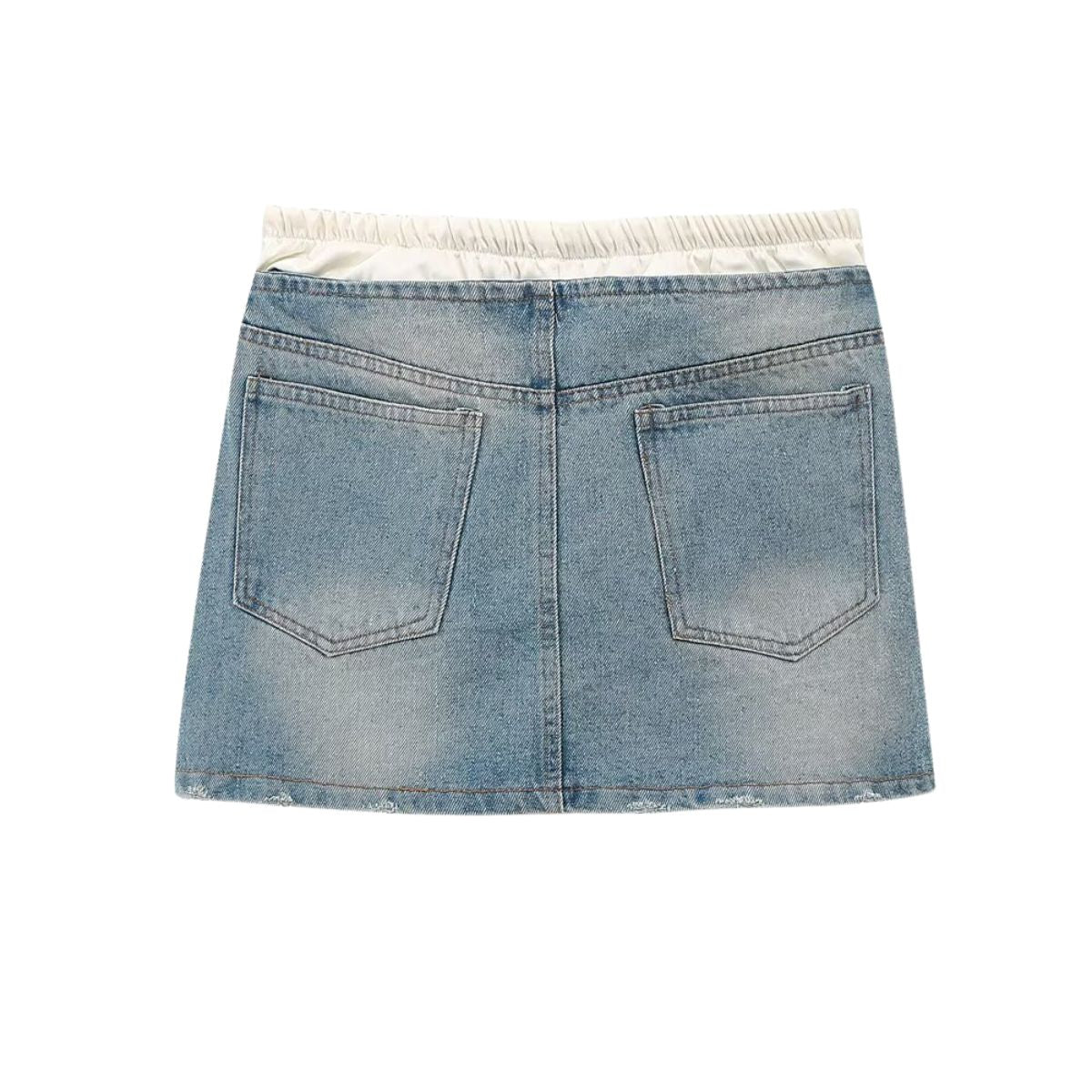 Double Waistband Washed Denim Mini Skirt
